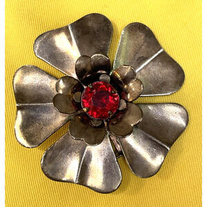 Vintage Silver Tone Red Rhinestone Flower Brooch Pin Floral Costume Jewelry